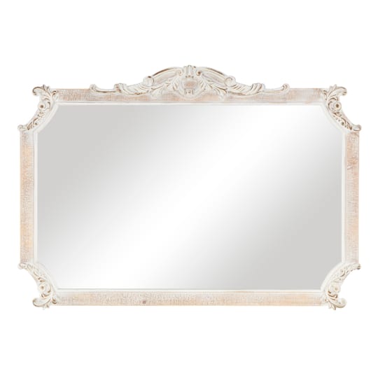 Cream Wooden Scroll Wall Mirror with Curved Corners and Brown Distressing